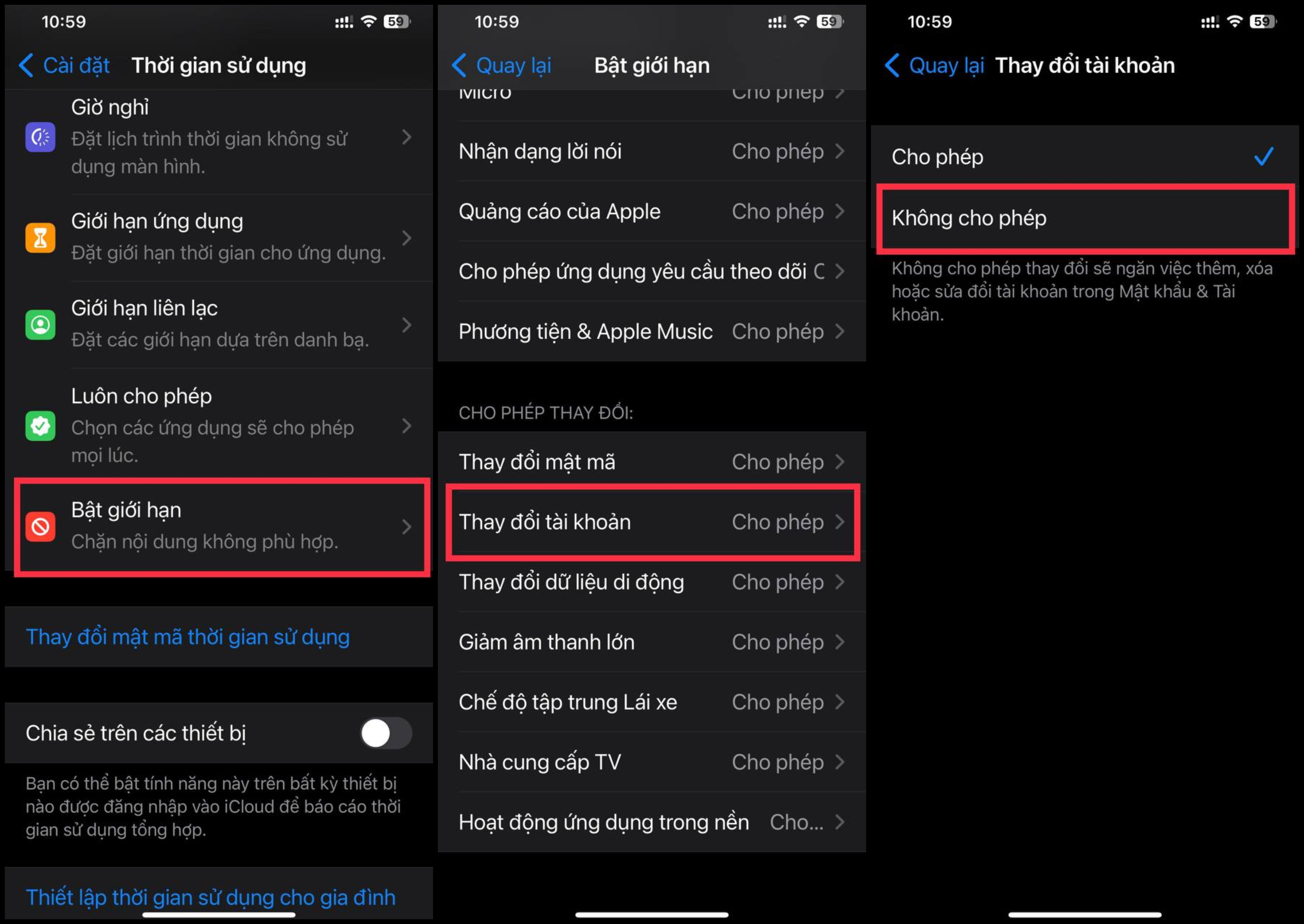 Thiết lập giới hạn trong Thời gian sử dụng
