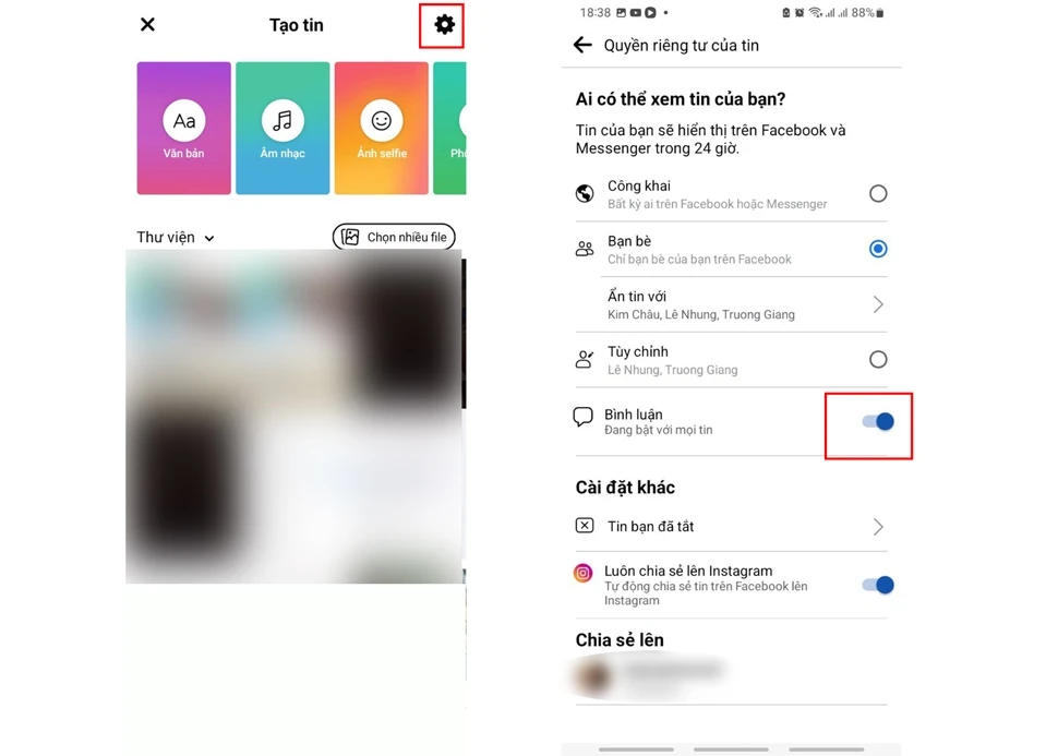 bình luận trên story Facebook
