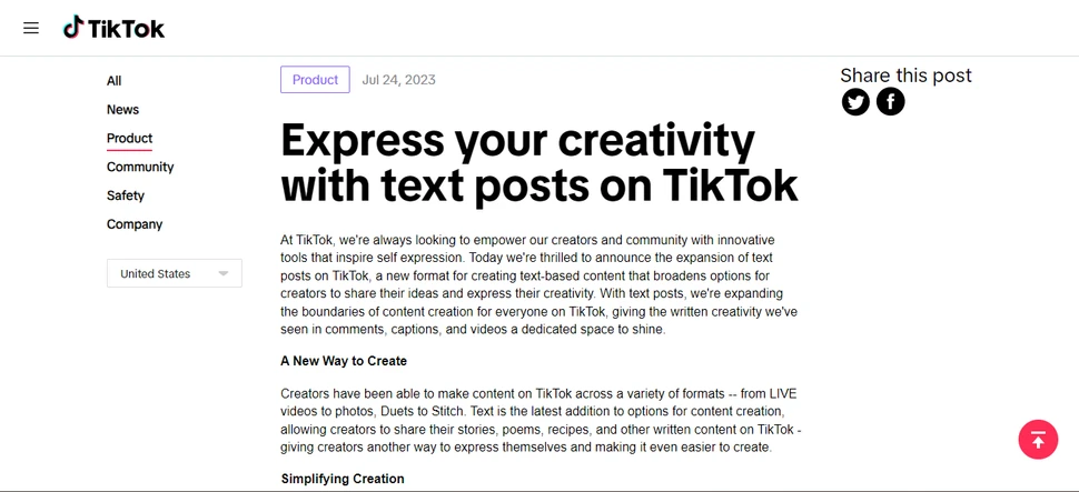 TikTok cho phép chia sẻ nội dung văn bản