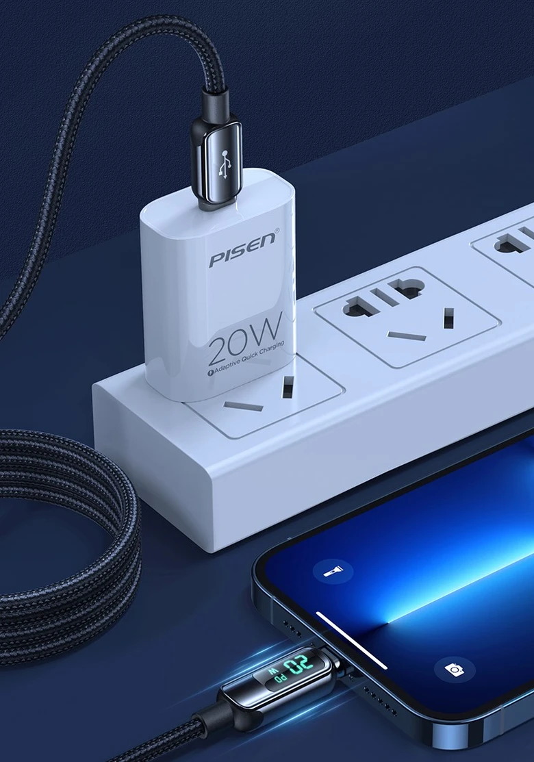 Cáp Type-C to Lightning Pisen đo công suất sạc 2m