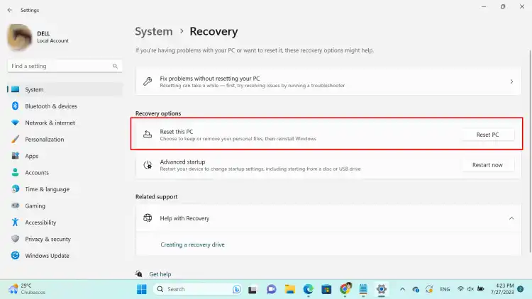 reset laptop Windows 11