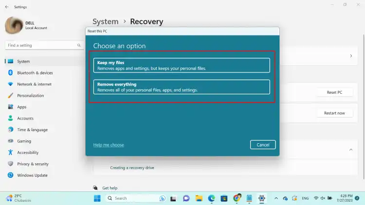 reset laptop Windows 11
