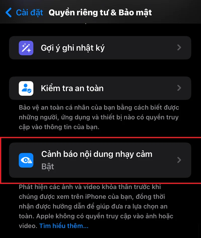 iOS 17.2 beta 2 cảnh báo nội dung nhạy cảm