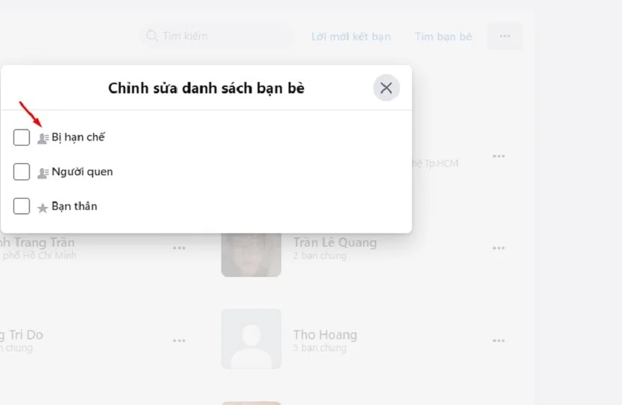 Chọn chỉnh sửa danh sách bạn bè 