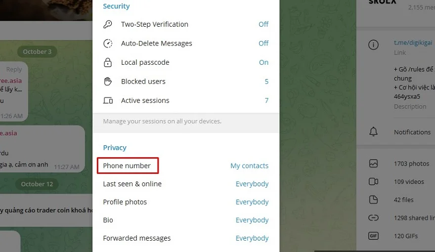 Ẩn số điện thoại trên Telegram