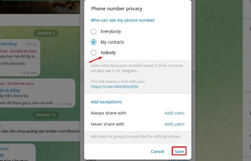 Ẩn số điện thoại trên Telegram