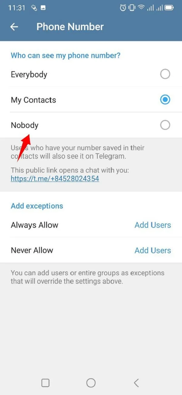 Ẩn số điện thoại trên Telegram