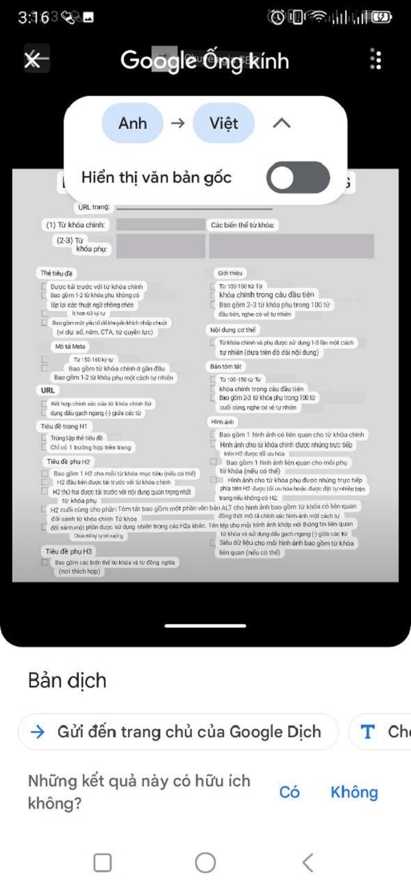 Dịch văn bản từ hình ảnh trên Google Dịch