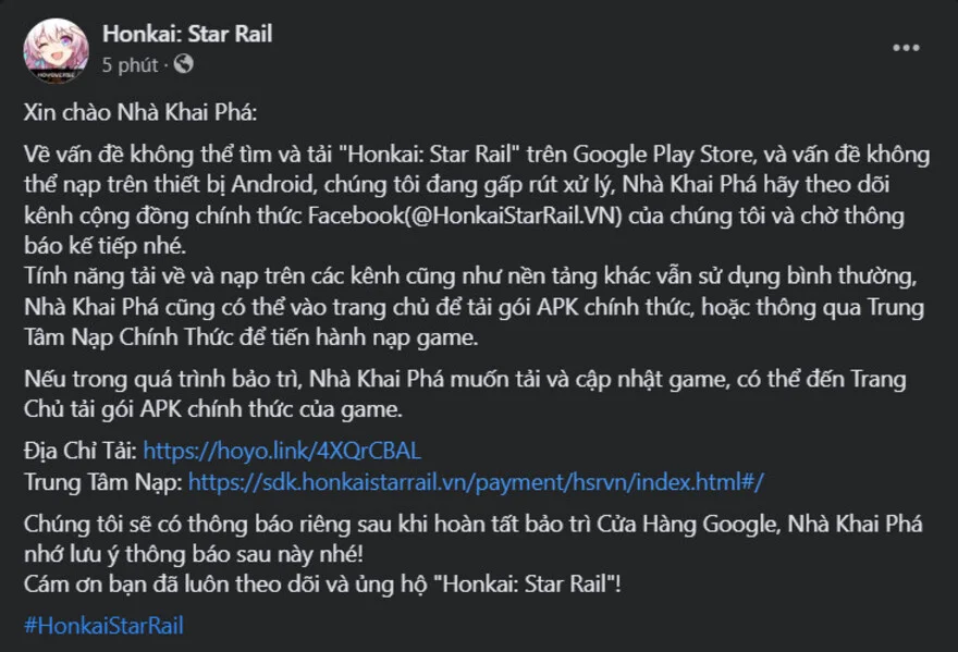 Honkai Star Rail bị xóa khỏi Google Play