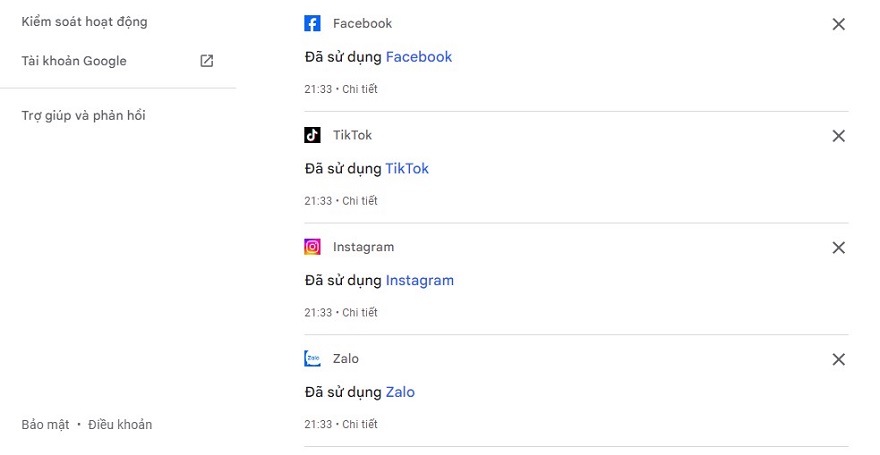 Kiểm tra lịch sử hoạt động