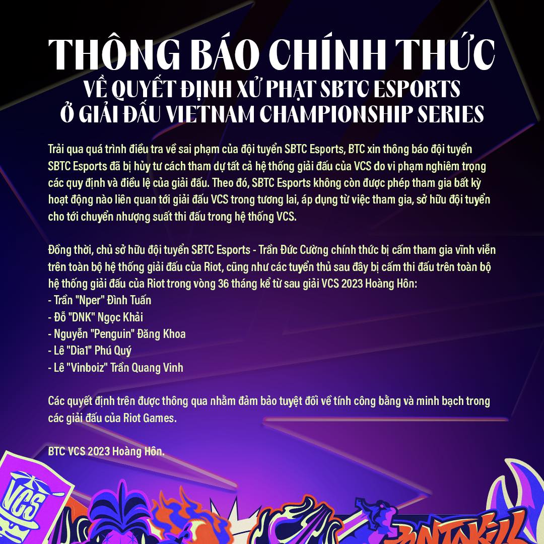 Riot chính thức cấm chủ sở hữu SBTC và 5 thành viên SBTC