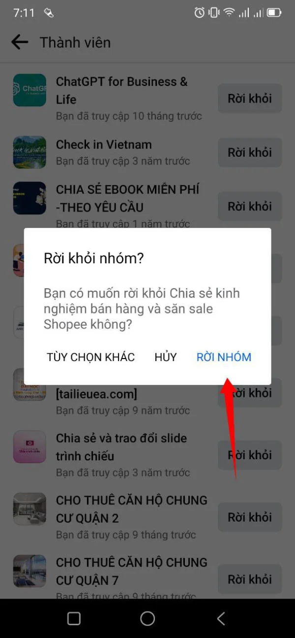 Hướng dẫn rời nhóm chat