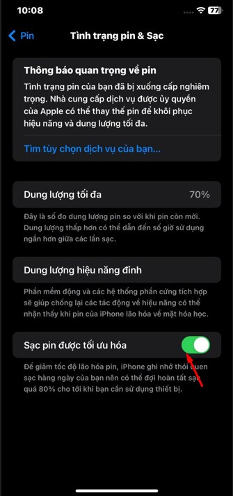 Tính năng tối ưu hóa Pin trên iOS 17.0.2