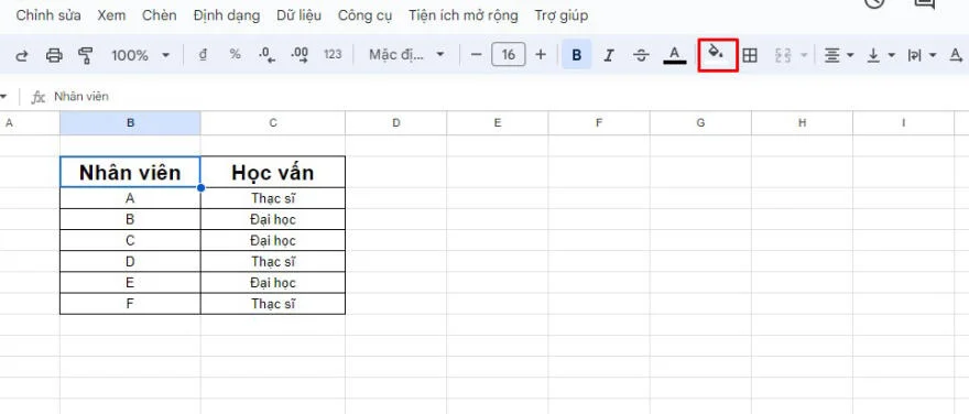 Tô màu trong Google Sheets