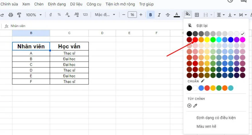 Tô màu trong Google Sheets
