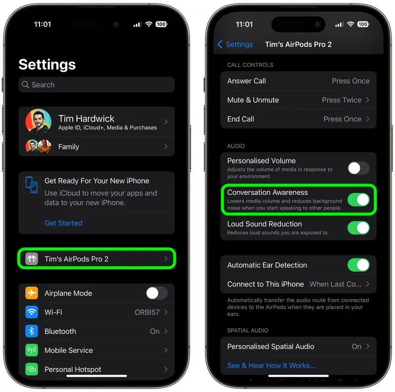 nhận biết cuộc hội thoại trên airpods pro