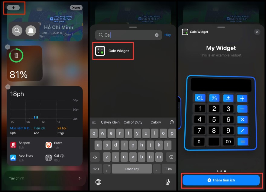 thêm tiện ích máy tính vào Màn hình chính của iPhone