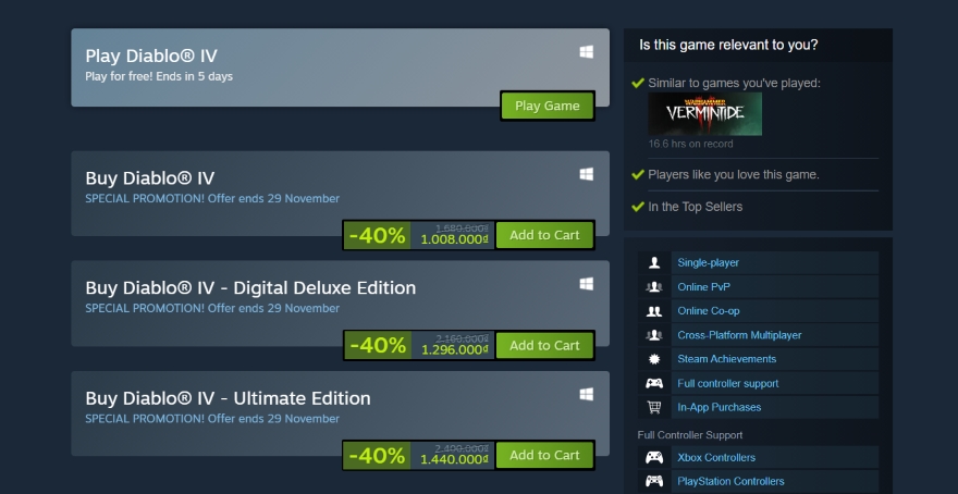 Diablo IV miễn phí trên Steam