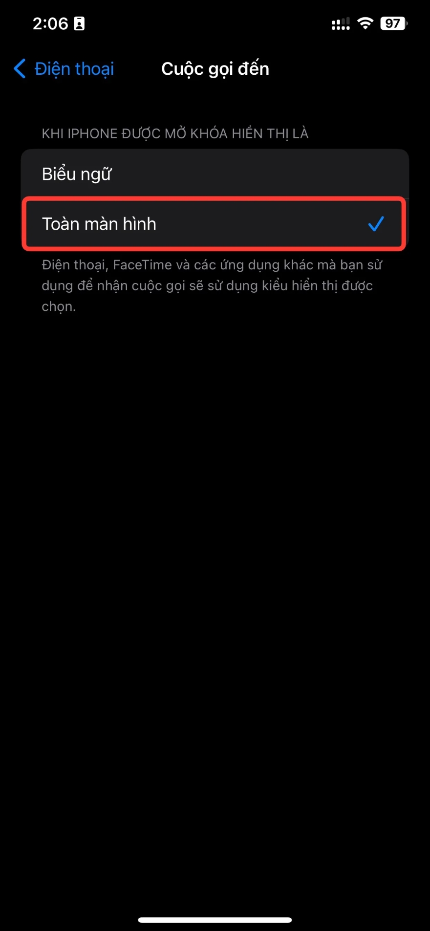 cài đặt thông báo cuộc gọi toàn màn hình iphone