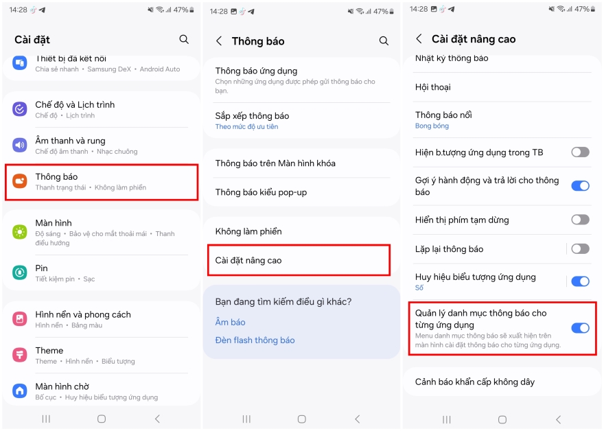 Cách bật lại Quản lý thông báo theo danh mục trên One UI 6.1