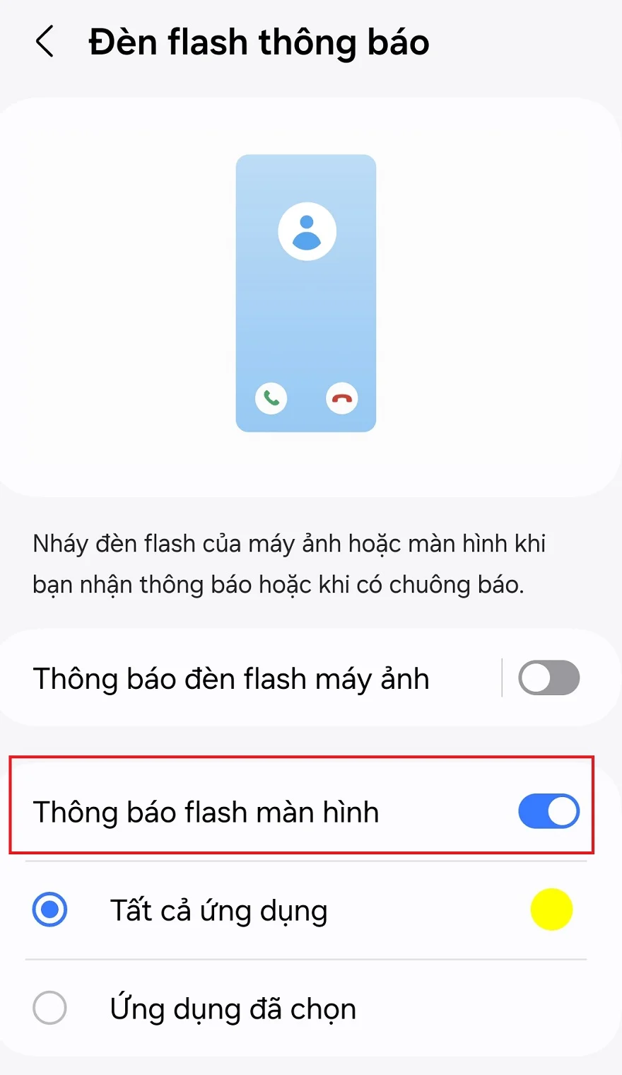 One UI 6 cài thông báo đèn flash