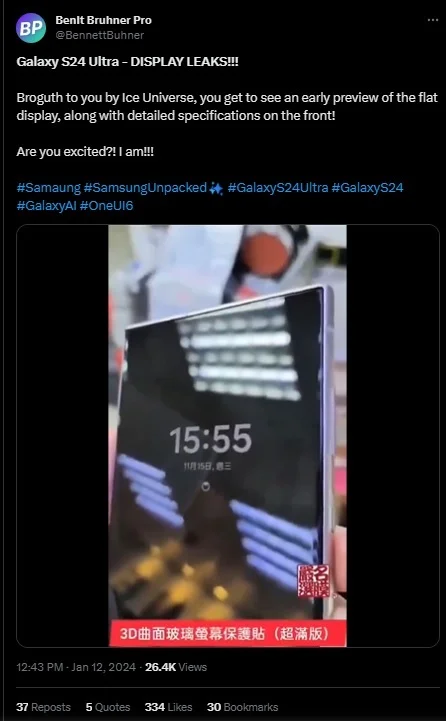 Video rò rỉ hé lộ thiết kế thực tế của Samsung Galaxy S24 Ultra