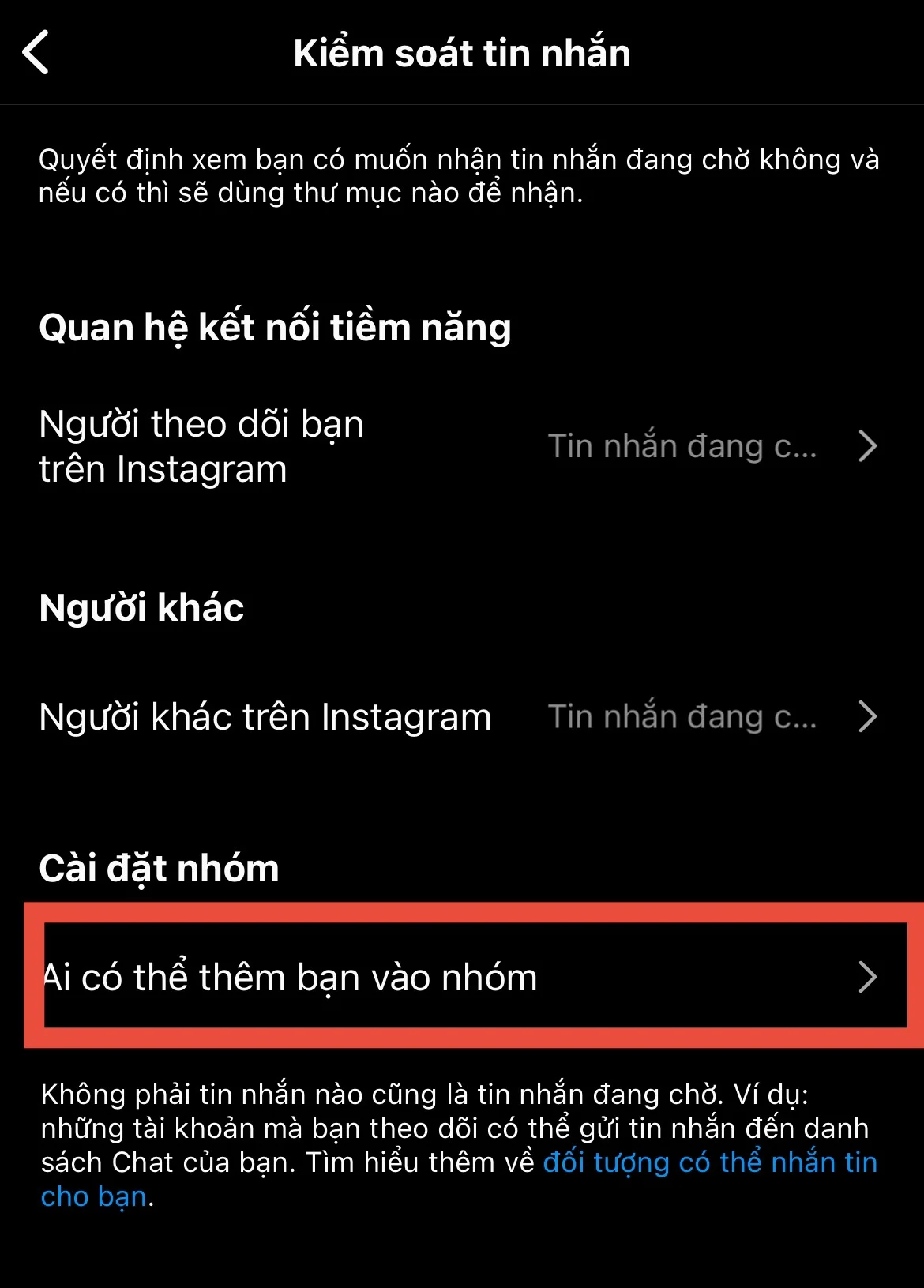 Cách chặn người khác thêm bạn vào nhóm trên Instagram
