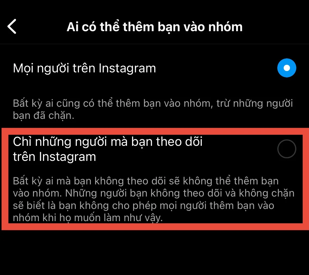 Cách chặn người khác thêm bạn vào nhóm trên Instagram