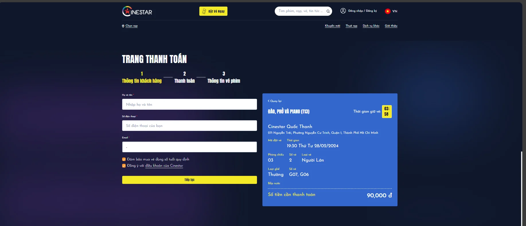 Cách đặt vé phim Đào, Phở và Piano tại rạp Cinestar Cinemas