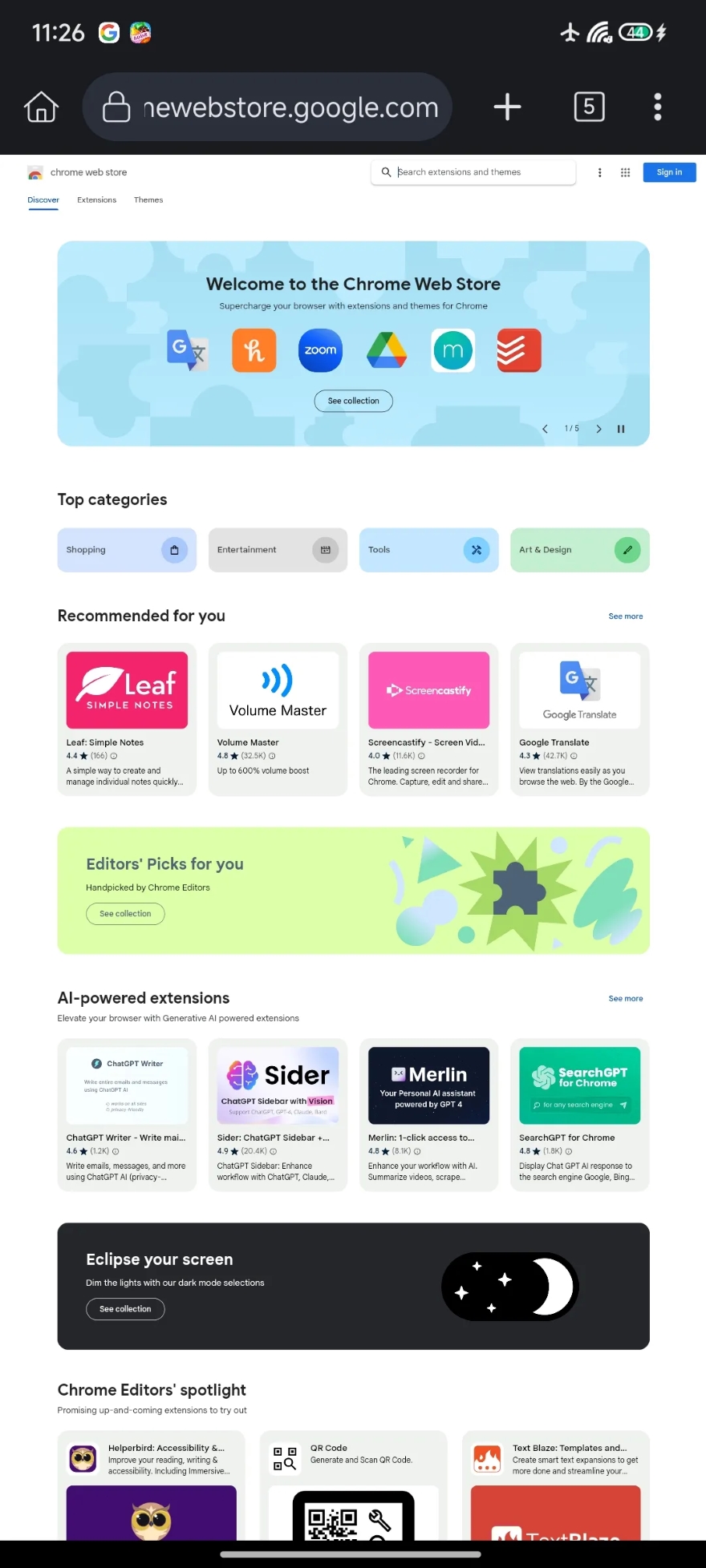sử dụng tiện ích mở rộng Chrome trên trình duyệt Android