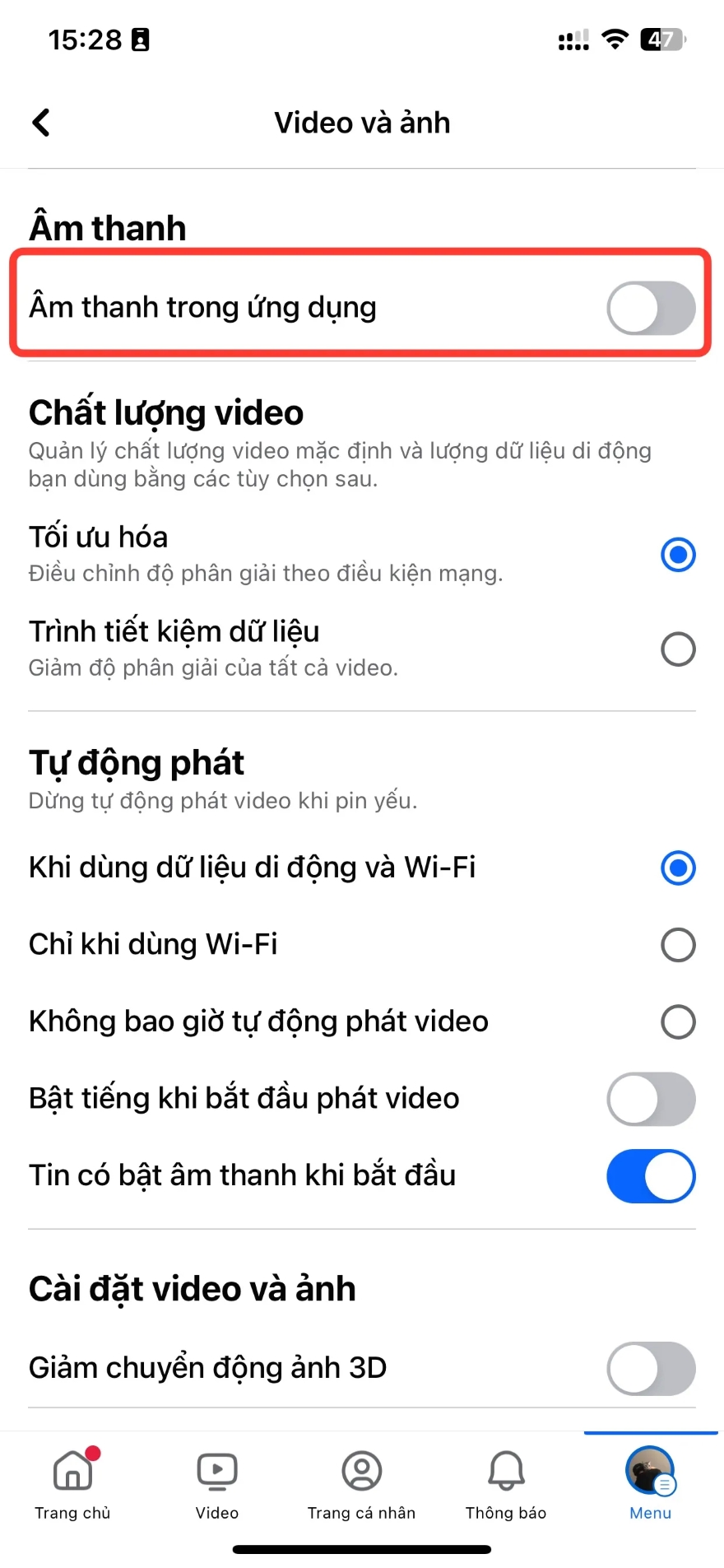 tắt âm thanh facebook trên iphone