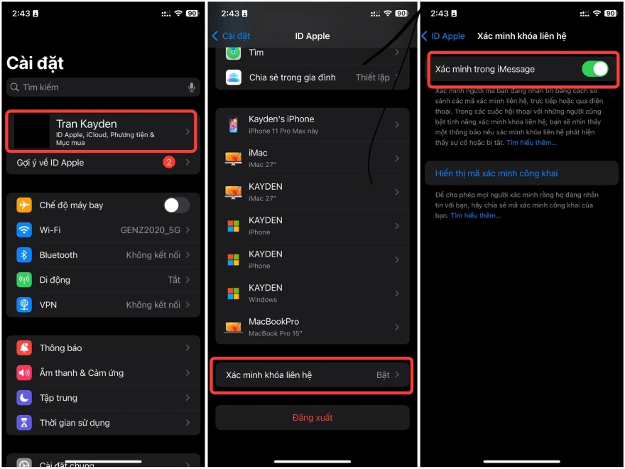 Bật Xác minh khoá liên hệ trên iPhone 