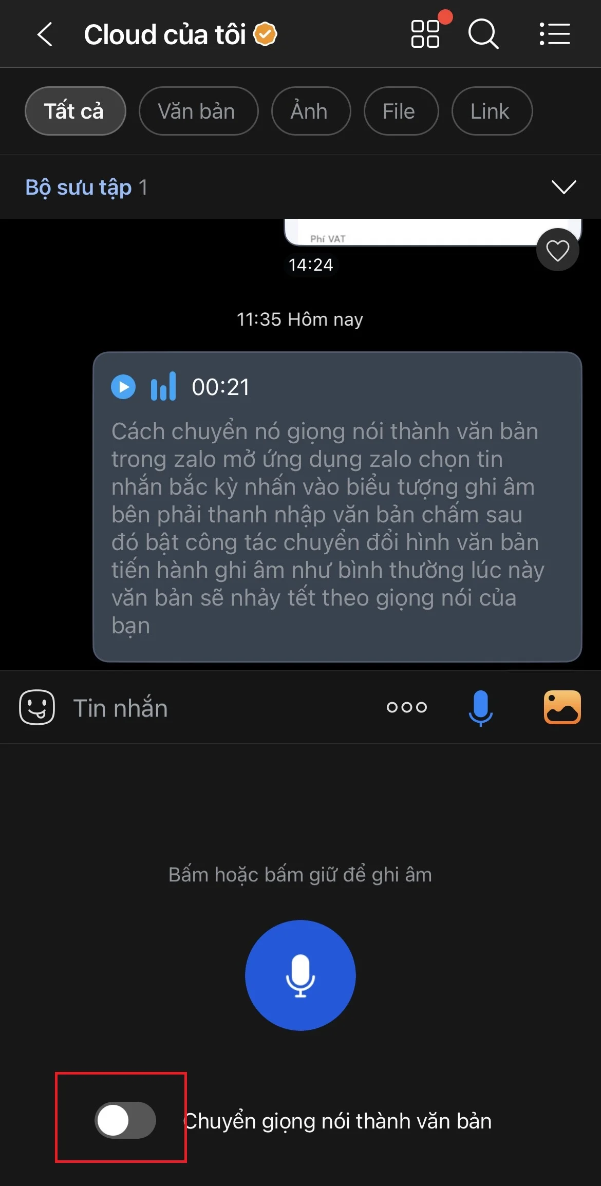 Cách chuyển giọng nói thành văn bản trên Zalo