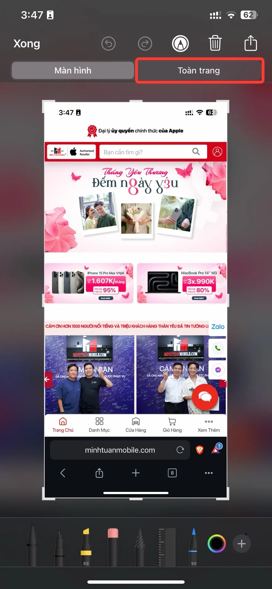 chụp màn hình toàn trang trên iPhone và Mac