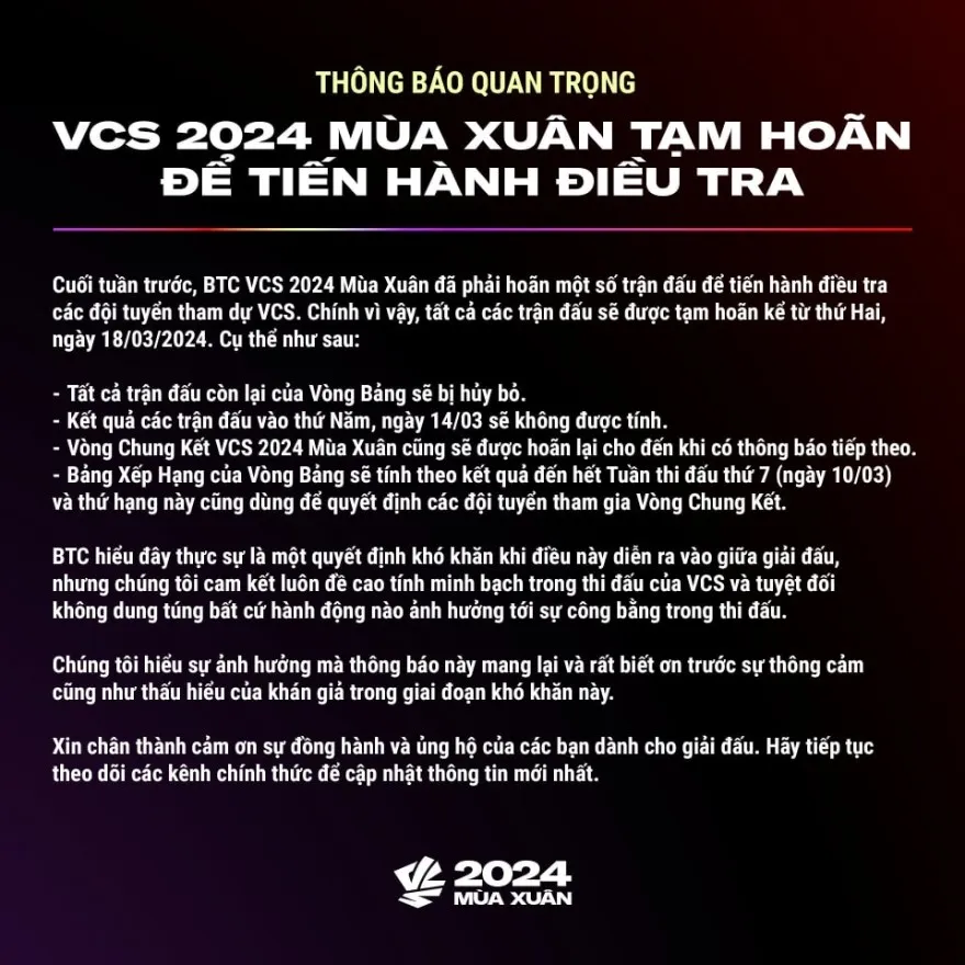 VCS 2024 Mùa Xuân tạm hoãn