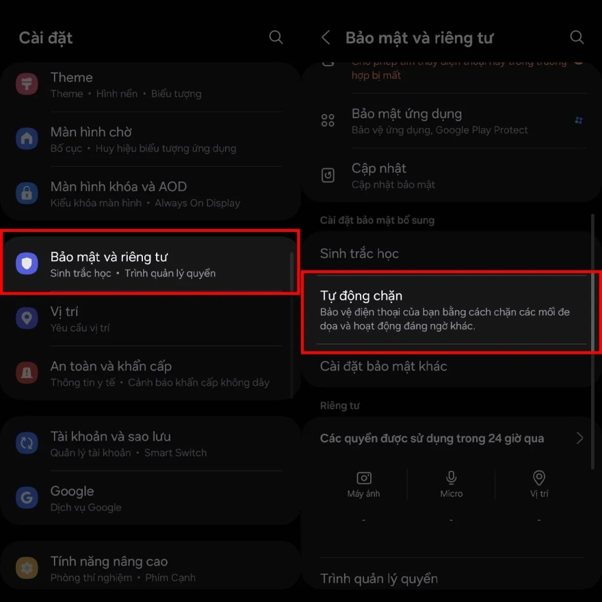 Bật tính năng Tự động chặn để bảo vệ điện thoại Galaxy A55