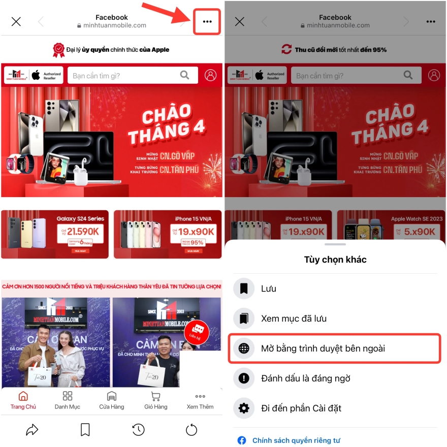 tắt trình duyệt tích hợp trong Facebook