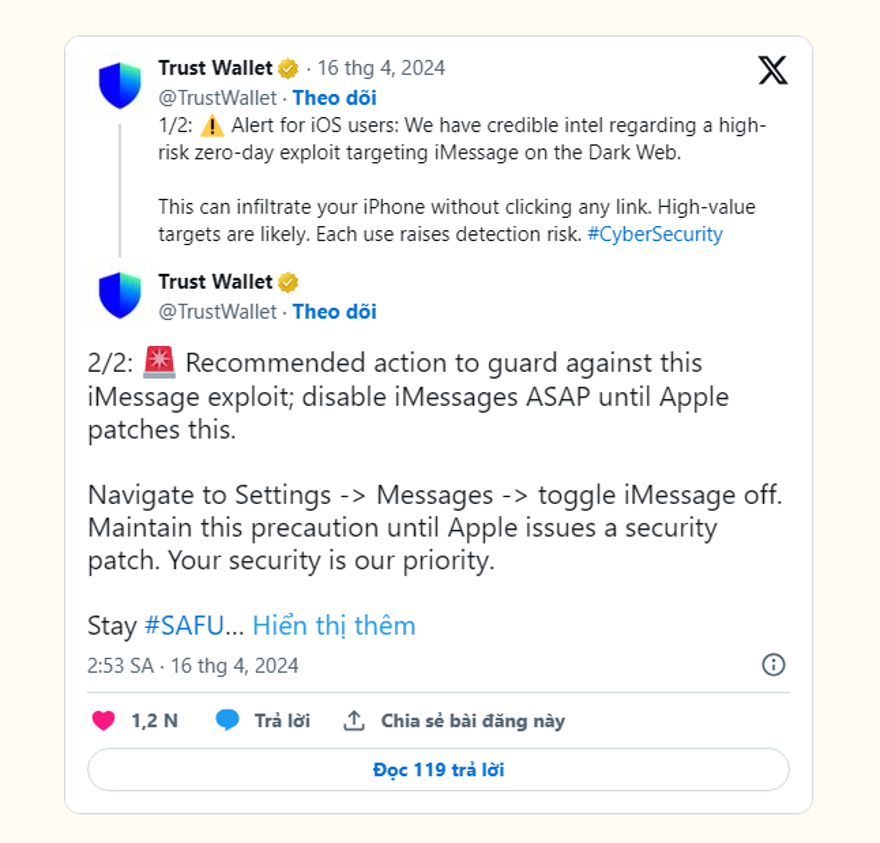 Trust Wallet cảnh báo người dùng iOS về lỗ hổng Zero day mới