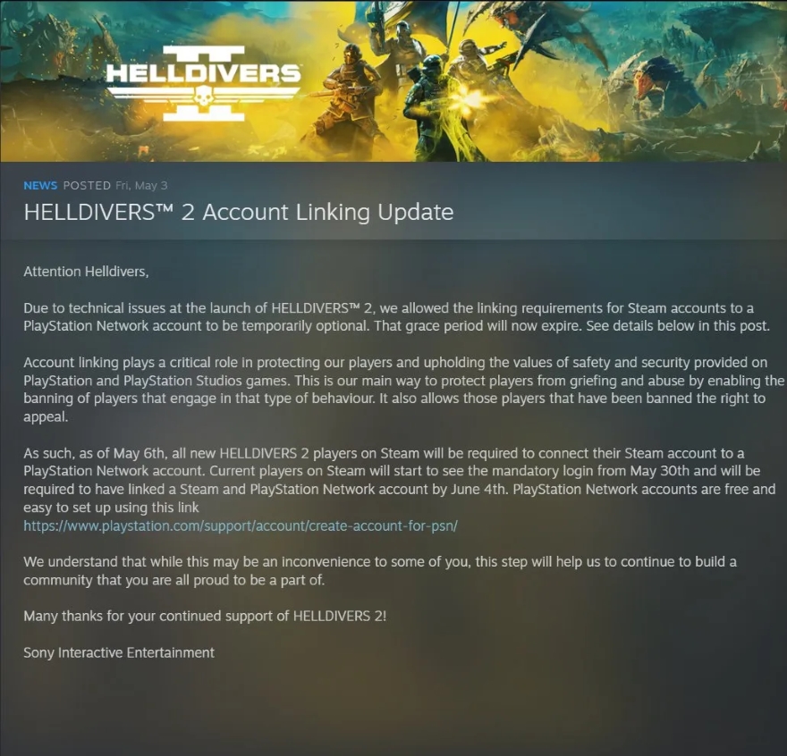 Helldivers 2 bắt người chơi trên Steam phải có tài khoản PSN