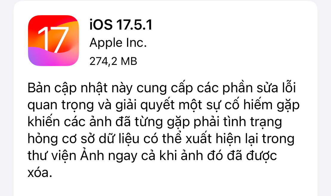 iOS 17.5.1 ra mắt để sửa lỗi ảnh đã xóa quay trở lại