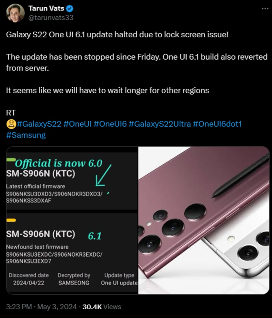 Samsung tạm dừng phát hành One UI 6.1 cho Galaxy S22 Series