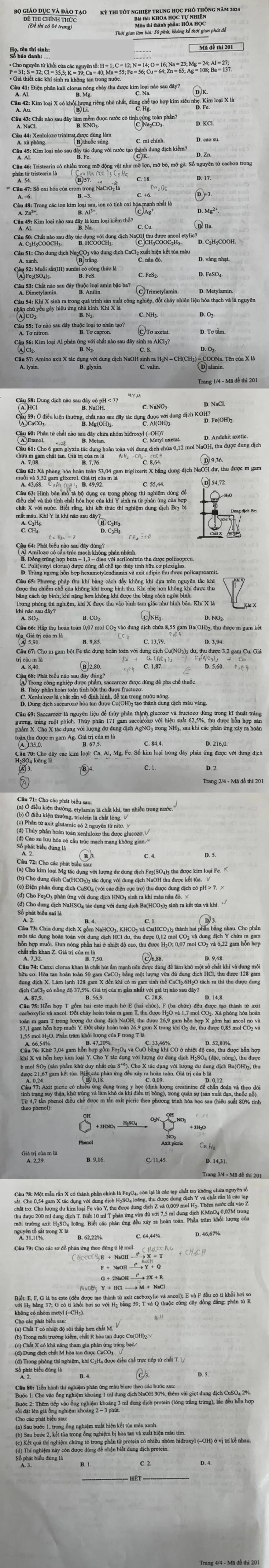 Đề thi tốt nghiệp THPT năm 2024 môn Hóa