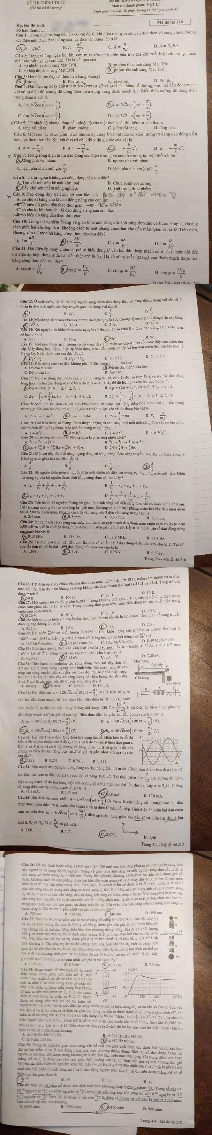 Đề thi tốt nghiệp THPT năm 2024 môn Lý