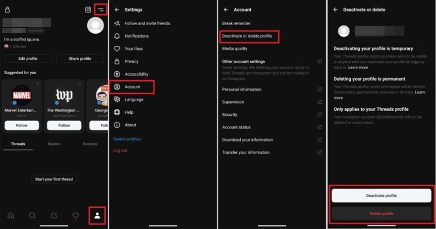 Xóa tài khoản Threads