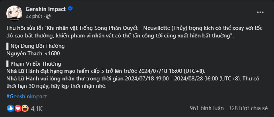 Genshin impact đền bù lỗi 1600 nguyên thạch