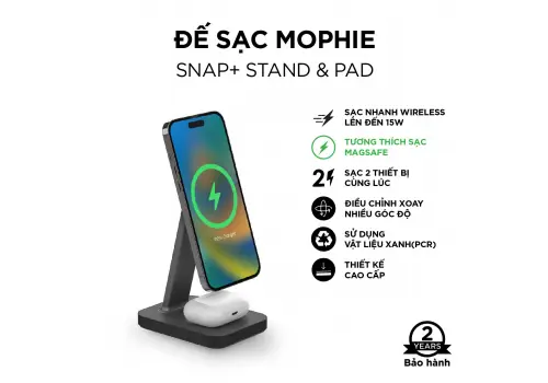 Đế sạc không dây Mophie Snap+ 2 in 1 Charge Stand & Pad
