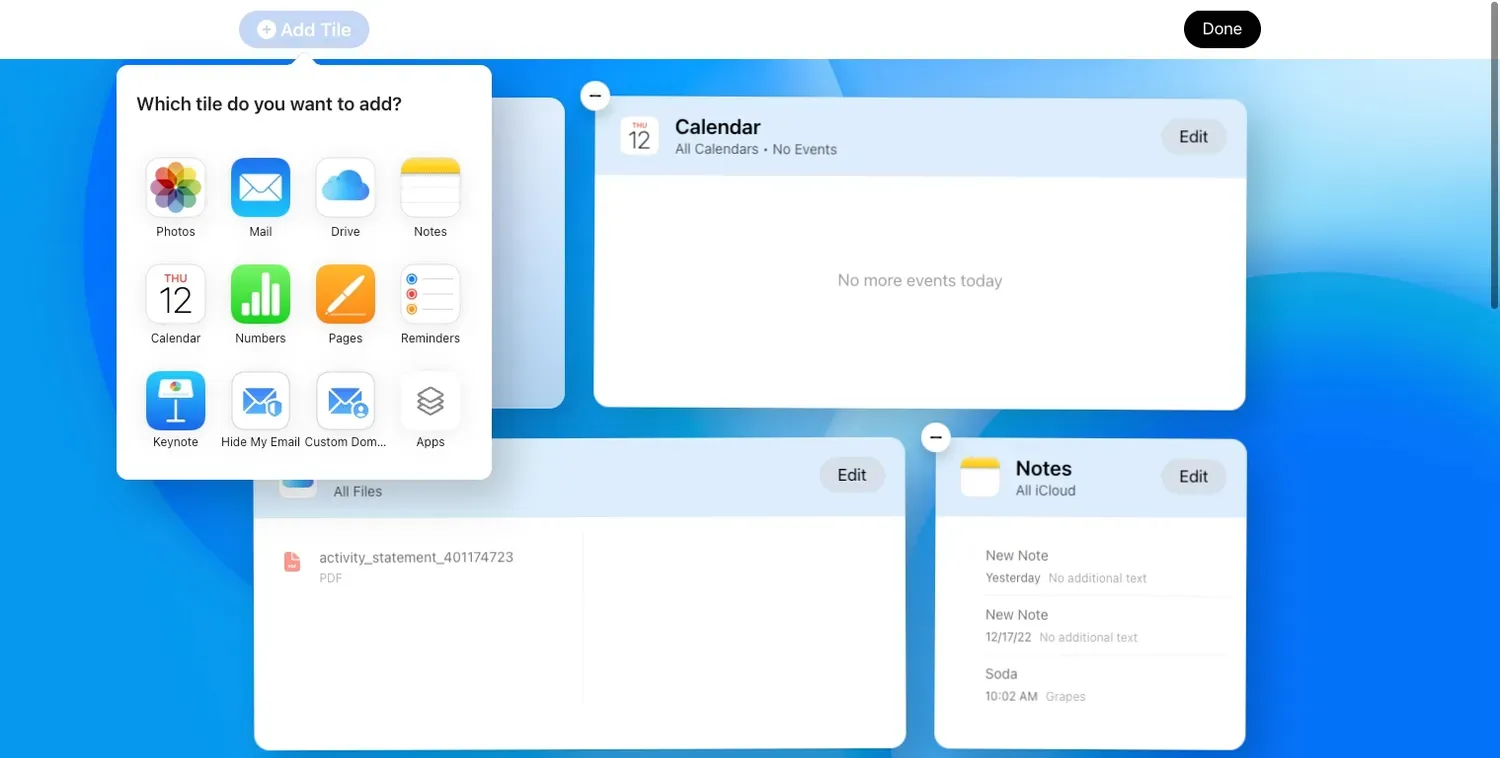 Chọn một ứng dụng để thêm vào trang chủ web iCloud