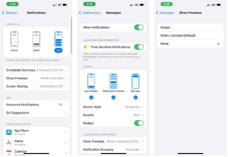 Tắt chế độ xem trước tin nhắn