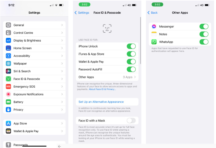 Cuối cùng, chuyển đến iPhone của bạn Cài đặt ứng dụng. Vỗ nhẹ Face ID & Mật mã > Ứng dụng khác và bật lên WhatsApp