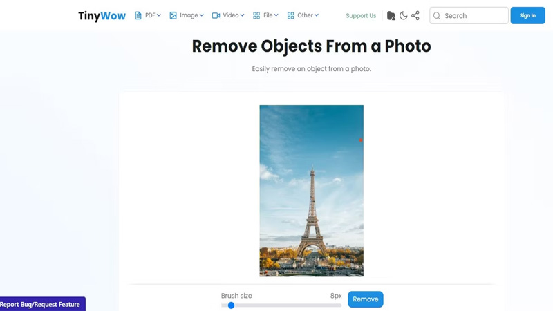 Bạn có thể sử dụng công cụ Xóa đối tượng khỏi ảnh của TinyWow. Bản chất TinyWow là một trang web lưu trữ rất nhiều công cụ khác nhau